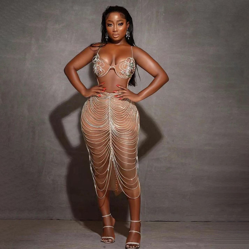 Prom Dresses Diamonds Chain Evening Dress Sexy New Plus Size Women Club Dress Sleeveless Party Water