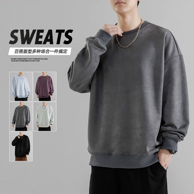Suede Sweatshirt for Men, Trendy Brand, 2025 Spring and Autumn High Street Student Loose Round Neck Base Shirt, Couple's American Style Top Suede Sweatshirt for Men, Trendy Brand, 2025 Spring and Autumn High Street Student Loose Round Neck Base Shirt, Couple's American Style Top