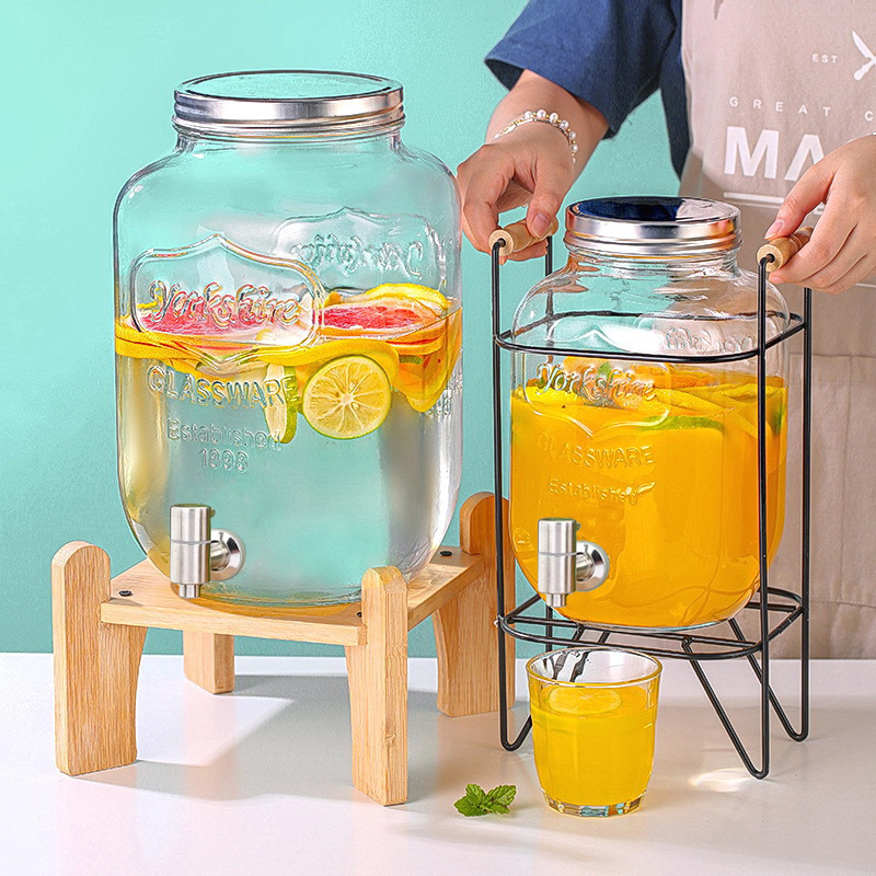 网红冷饮料桶牛碧可乐桶大号茶歇瓶玻璃密封罐泡酒瓶带龙头置物架