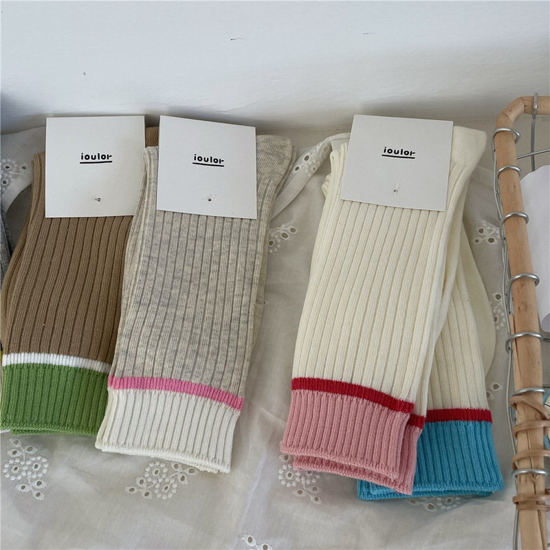 IOULOR American dopamine contrast color mid-calf length socks autumn ins tide casual socks pile socks cotton double needle socks for women