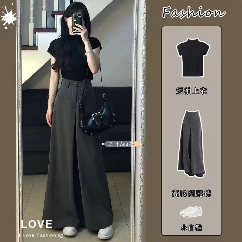 Women's Suit 2026 Summer New Style Pure Desire Style Short-Sleeved Top High-Waisted Slimming Suit Wide-Leg Pants Two-Piece Set Women's Suit 2026 Summer New Style Pure Desire Style Short-Sleeved Top High-Waisted Slimming Suit Wide-Leg Pants Two-Piece Set