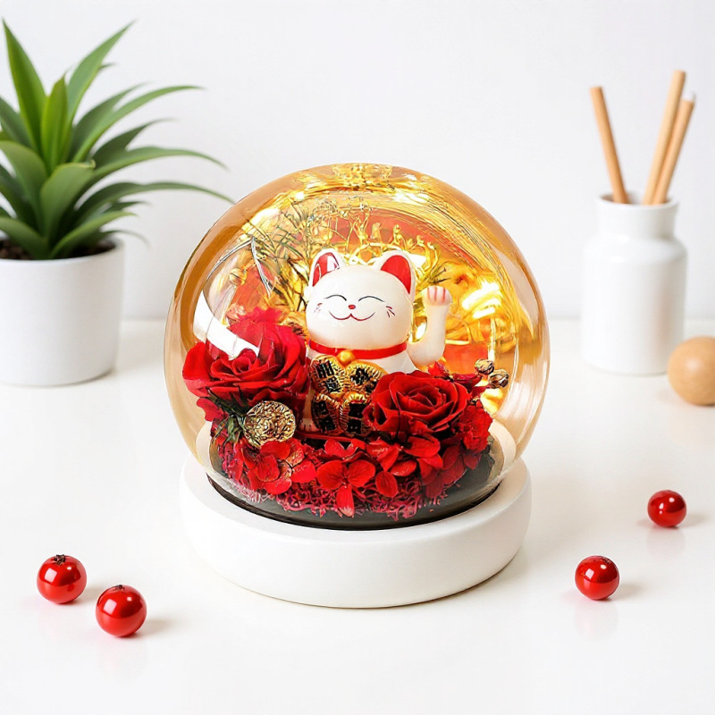招财猫永生花摆件礼品情人节创意礼物玻璃罩玫瑰花生日礼物送闺蜜|undefined