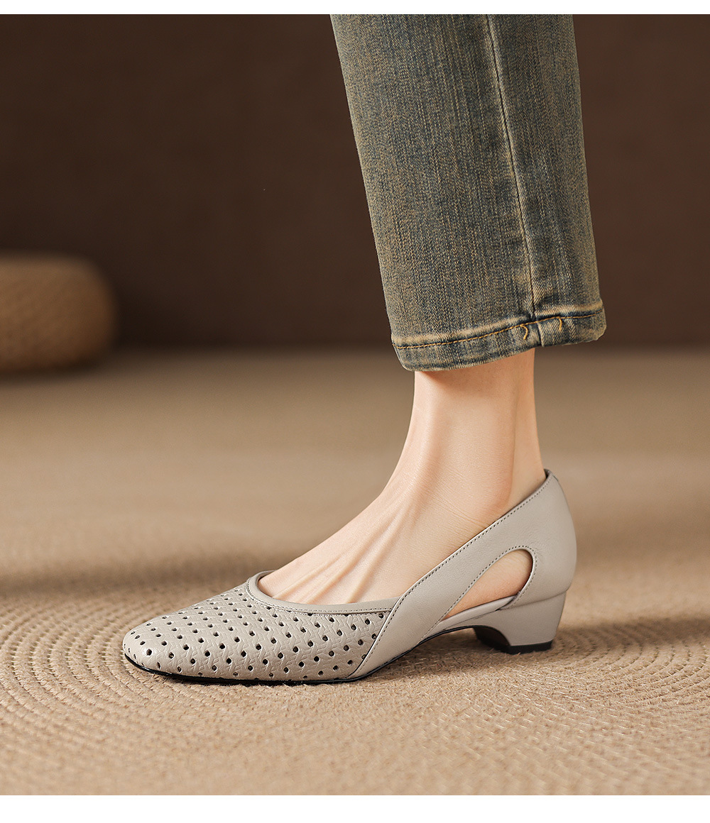 Giày sandal nữ mũi vuông gót thấp 3,5 cm da cừu đục lỗ hở mũi — đen chi tiết 14