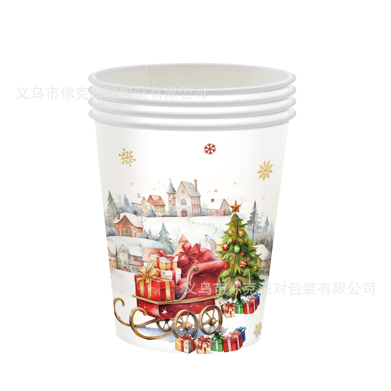 新款白色雪人圣诞节节日派对一次性纸盘纸杯圣诞树麋鹿装饰餐具|undefined