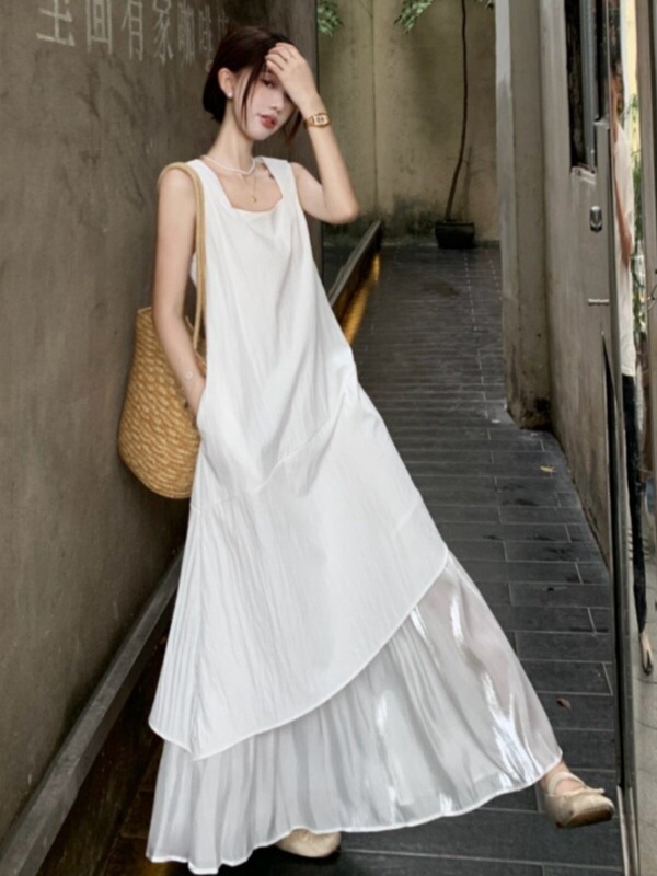 High-End Luxury Brand White Sleeveless Dress, Summer Plus-Size Organza Patchwork Tank Dress, Long Dress