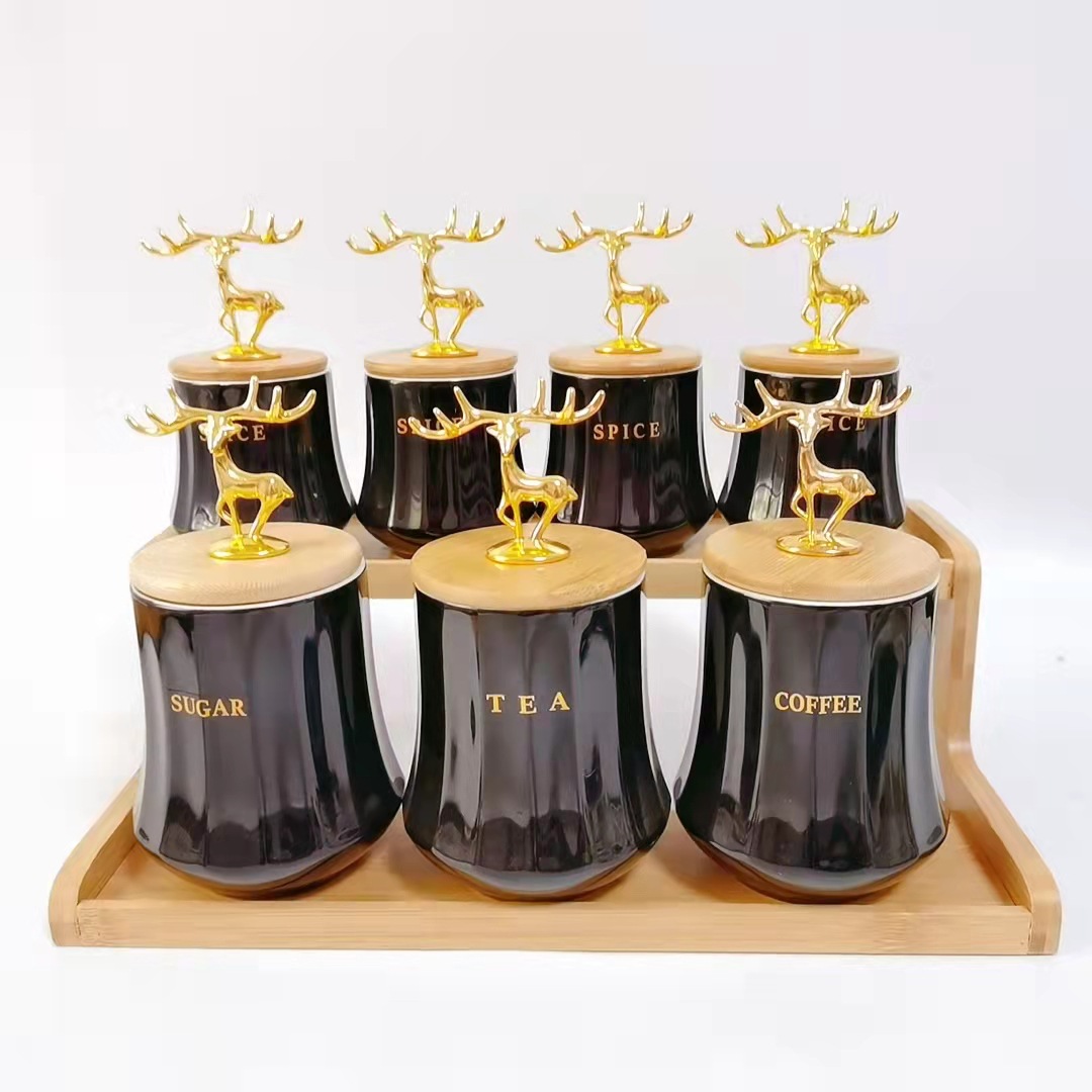 Exportación transfronteriza de latas cerámicas selladas, latas de té, latas de café, latas de almacenamiento de cocina, marcos de madera de doble capa, latas de condimento irregulares