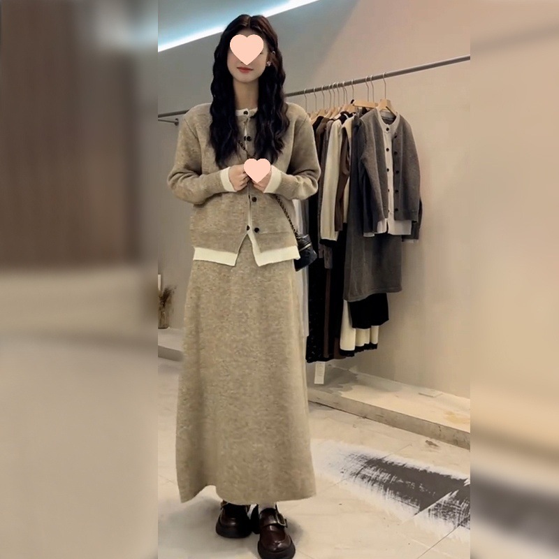 韩系气质穿搭两件套整套针织连衣裙子女2025春秋新款流行毛衣长裙|undefined