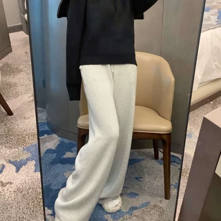 人字纹羊毛裤子女宽松针织羊毛裤高腰系带加厚阔腿裤休闲长裤秋冬