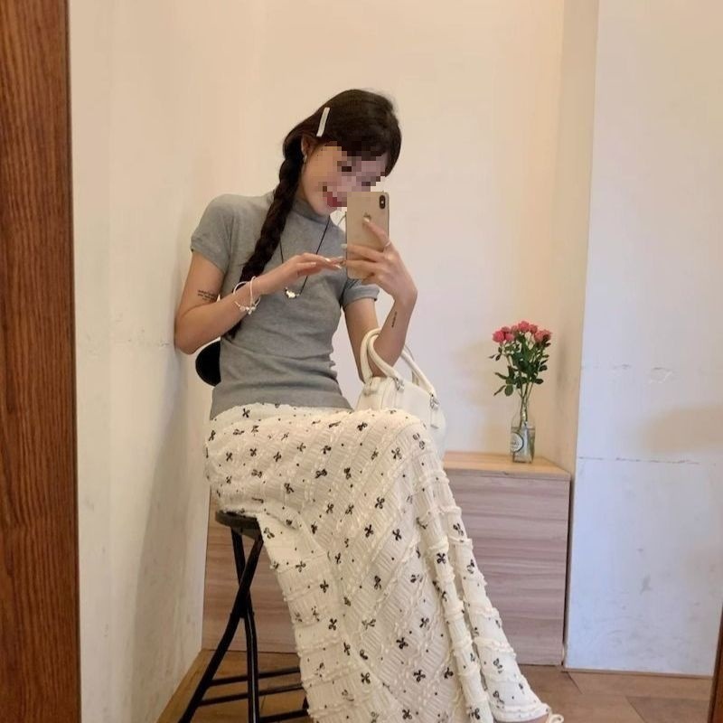 韩系白色夏季度假蝴蝶结印花蕾丝高腰碎花鱼尾半身裙长裙显瘦裙子|undefined