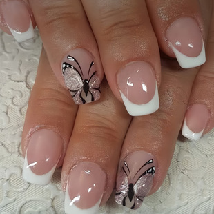 Casual Short Square T-Shaped Wearable Nail Line French Butterfly Valley Manicure Patch Nude Fake Nails
