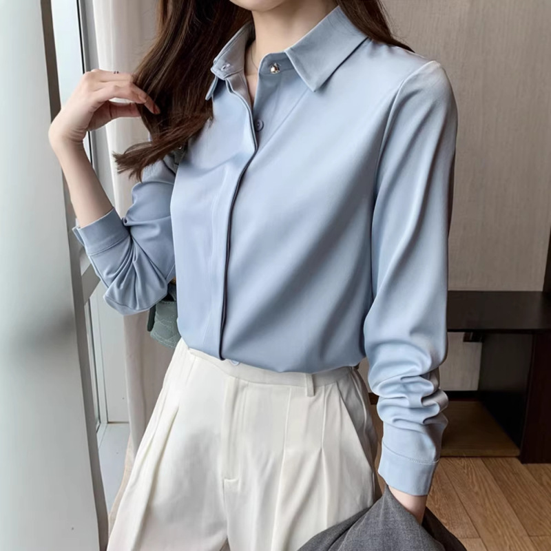 High-End Satin Shirt for Women, Long-Sleeved, Spring and Autumn Professional Formal Wear, with Exquisite Design, Soft and Smooth, Anti-Wrinkle, Elegant Top