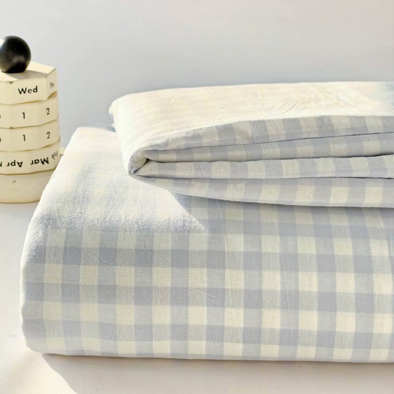 Washed Cotton Fitted Sheet Three-Piece Set, Japanese-Style Simple Plaid Bed Cover, Single-Piece Mattress Protector, Fitted Sheet for Autumn and Winter
