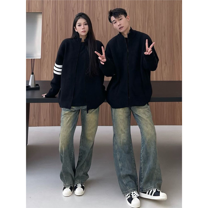 Autumn New Couple Spliced Black Knit Sweater Jacket Trendy Brand Ins Internet Celebrity Three-Stripe Cardigan Sweater Top