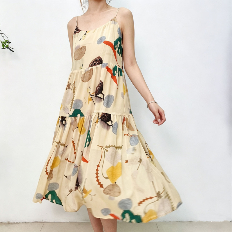 Special Offer Casual Loose-Fitting Printed Silk Slip Dress with Adjustable High-Waist Straps, Mid-Length Mulberry Silk Dress
