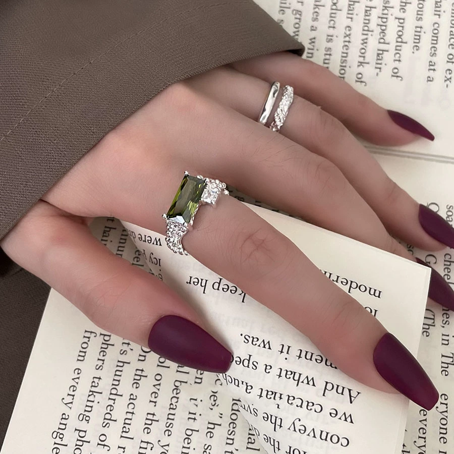 Кольцо (зеленое) 925 стерлинговое серебро, циркон стиль изумруд, регулируемая открытая лента