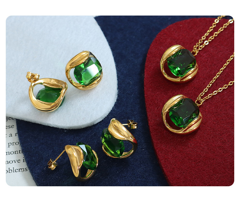 Fashion Square Titanium Steel Inlay Artificial Crystal Earrings Necklace