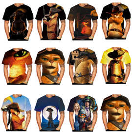 亚马逊新款 卡通 穿靴子的猫 3D印花短袖男式T恤牛仔酷猫半袖大码