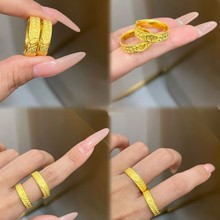 黄金色古法情侣对戒金店同款男女款戒指中式素圈莲花双囍字戒子