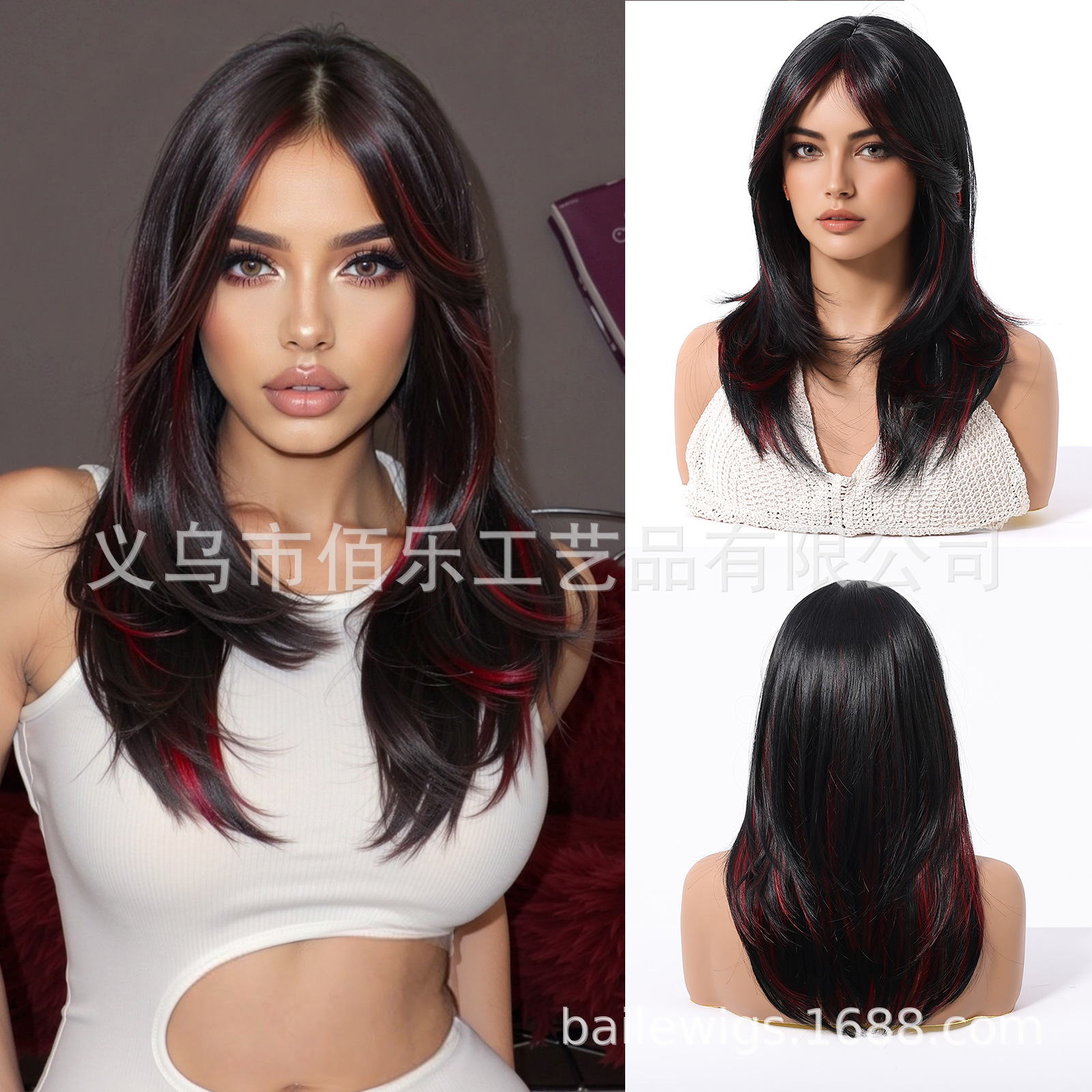 Nuevo negro Rosa flequillo larga recta gradiente de pelo fibra química SEDA NATURAL peluca femenina tocados pelucas fabricante en stock image 19