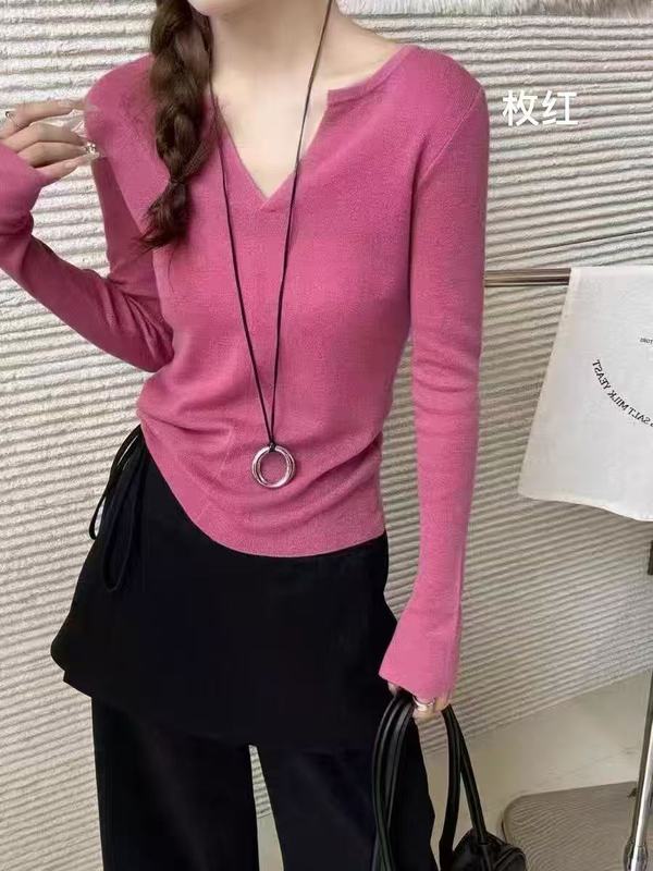 2025新款修身百搭V领针织打底衫女秋季薄款内搭毛衣长袖别致上衣|undefined
