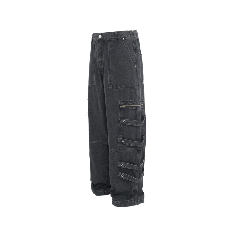 Men's Clothing Distressed Wash Tooling Jeans Men's and Women's New Fashion Brand Pocket Zipper Design Sense Side Strap Loose Straight Pants_viptrois.com