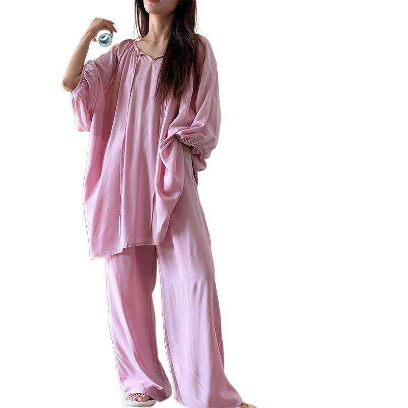 ファットガールプラスサイズパジャマ女性のロマンチックなフレンチスタイル優しいスタイル春と夏の薄い七分袖ズボンシンプルな怠惰なホーム服|undefined