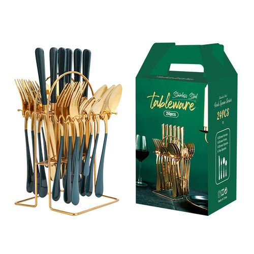Cross-border new thickened stainless steel tableware 24-piece set gold-plated 1010 knife, fork and spoon storage rack gift box set