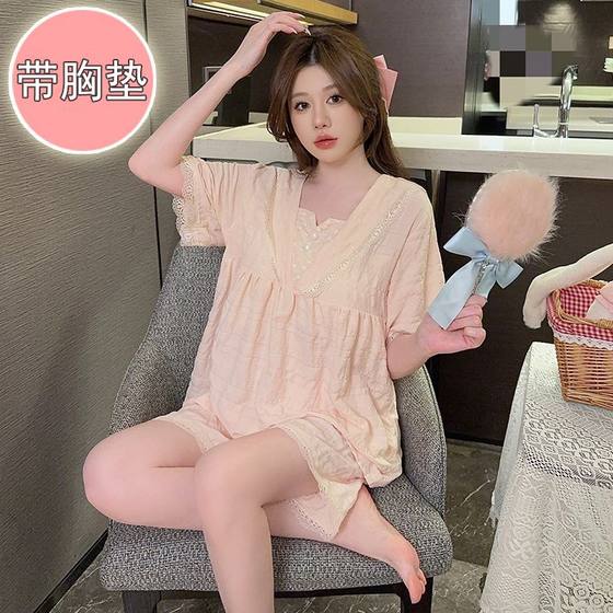 chubby girl Pajamas Women's Summer with Chest Pad Cloud Cotton Short-sleeved Princess Style Plus Fat Loose 110.00kg Home Clothes suit