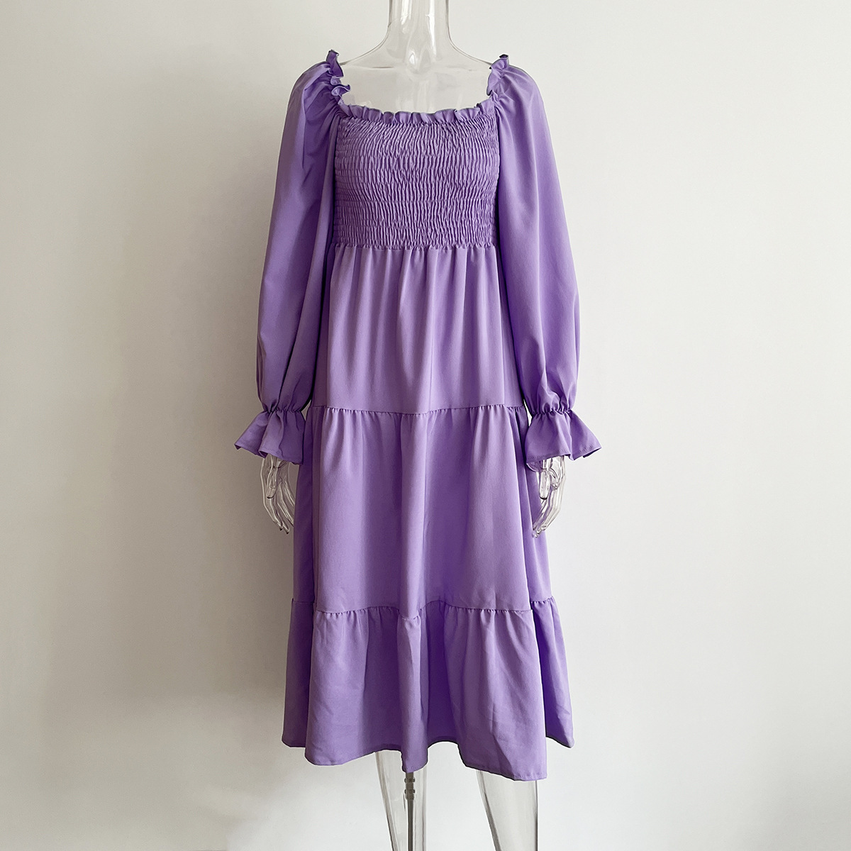 Smocking Dress Ruffled Square Collar Flared Sleeve Layered Large Swing Dress Women Women Clothing