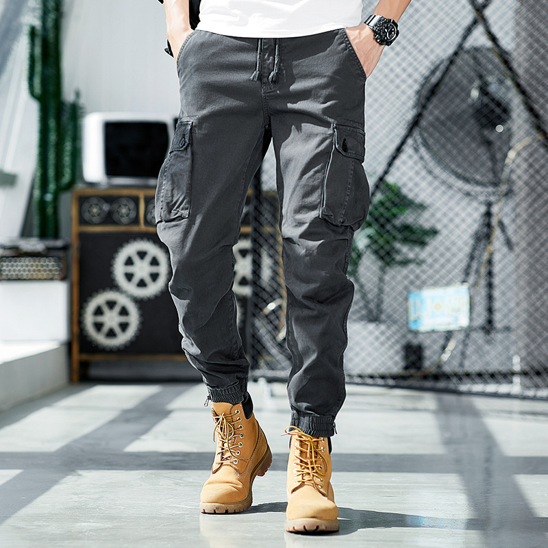 Lavado pesado multi-bolsa guardapolvos de los hombres de primavera y otoño de algodón estiramiento suelta recta marca de moda Pantalones con cremallera pantalones Casuales