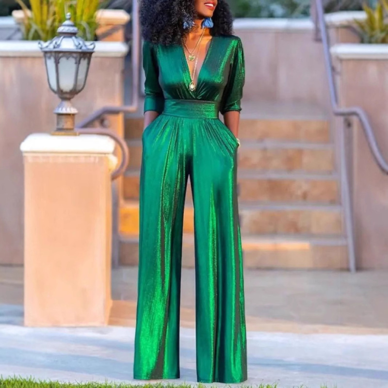 2025 new European and American clothing cross-border foreign trade Amazon women's autumn sexy V-neck gilded jumpsuit batch