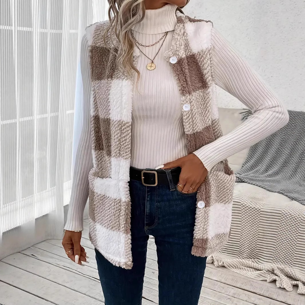 ​​Teddy Bear Plush Vest – Oversized Faux Fur Gilet | Winter Elegance (Dark Khaki Checkered)​​_ecoleips.com
