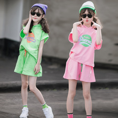 女童套裝夏季2023新款子大童短袖裙褲連帽衫洋氣時髦兒童短裙夏裝