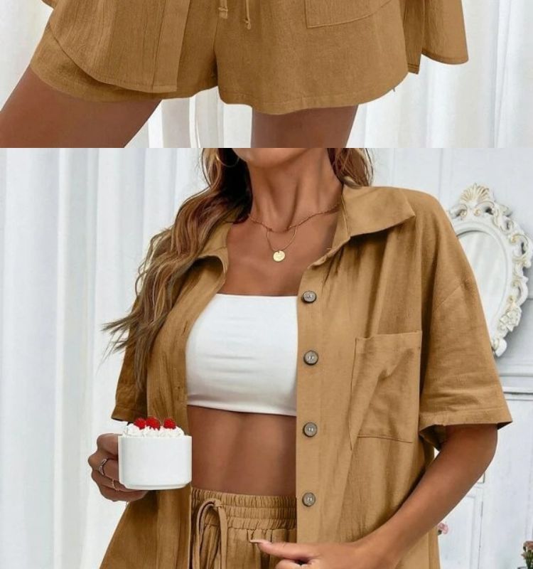 Casual Women's Shorts Set Two Piece Solid Colour Summer Outfit_voghion.com