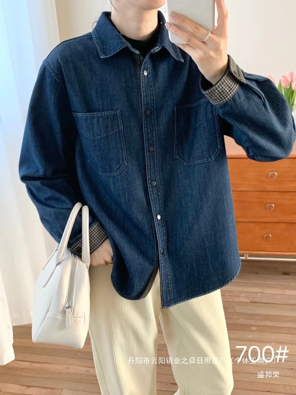 厂家直销格子拼接水洗牛仔衬衫外套女加绒加厚秋冬一体绒复古|undefined