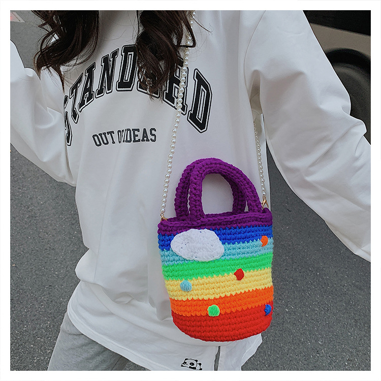 Women's Medium Plush Rainbow Stripe Cute Beading Weave Bucket Open Crossbody Bag display picture 17