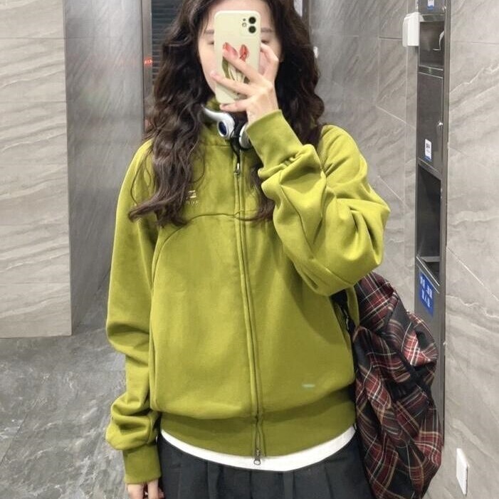 American Style Sweatshirt Jacket for Women Spring and Autumn 2025 New Lazy Style Retro Trendy Brand Loose Green Short Casual Versatile