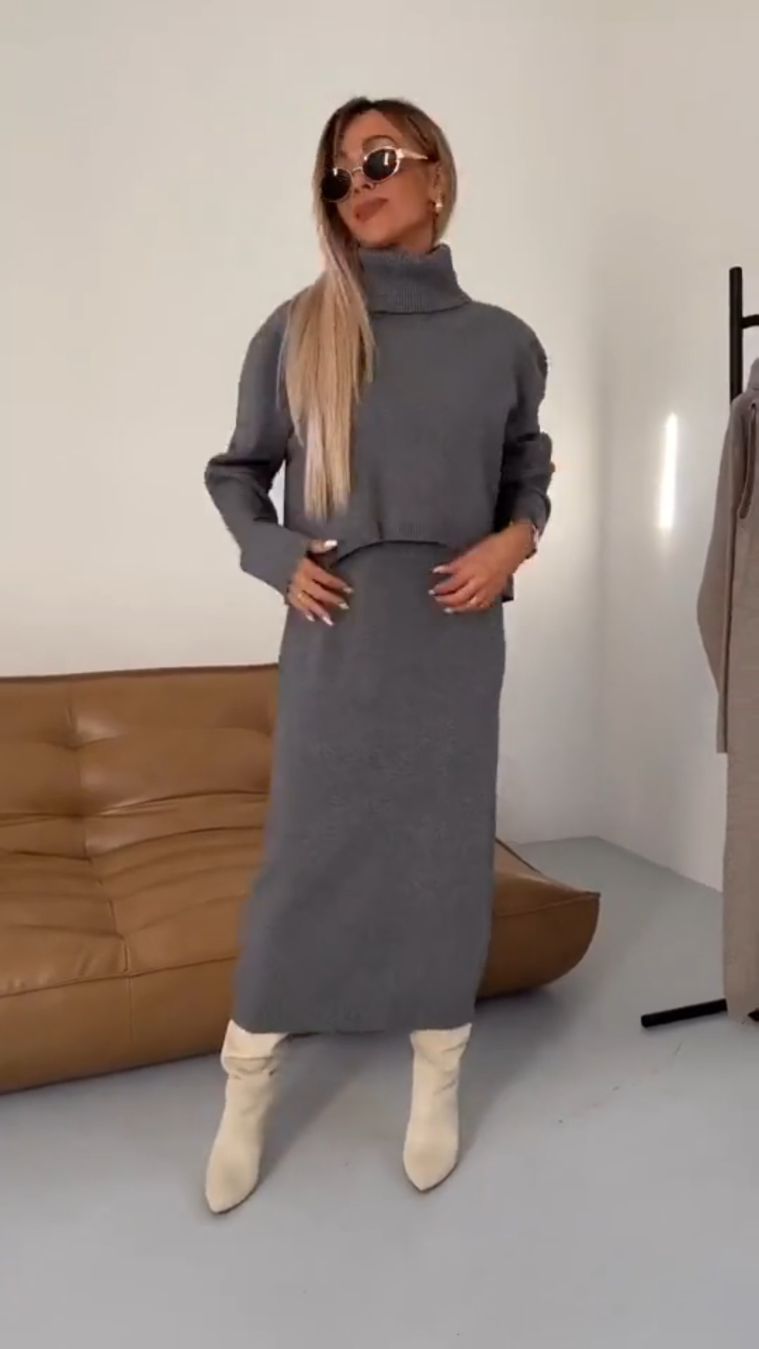 Robe pull automne-hiver col roulé longue deux pièces robe en maille unie_voghion.com