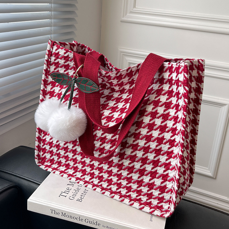 Large Capacity Houndstooth Bag Women's 2022 New Arrival Fashionable All-Match Tote Bag Women's ins Student Canvas Shoulder Bag
