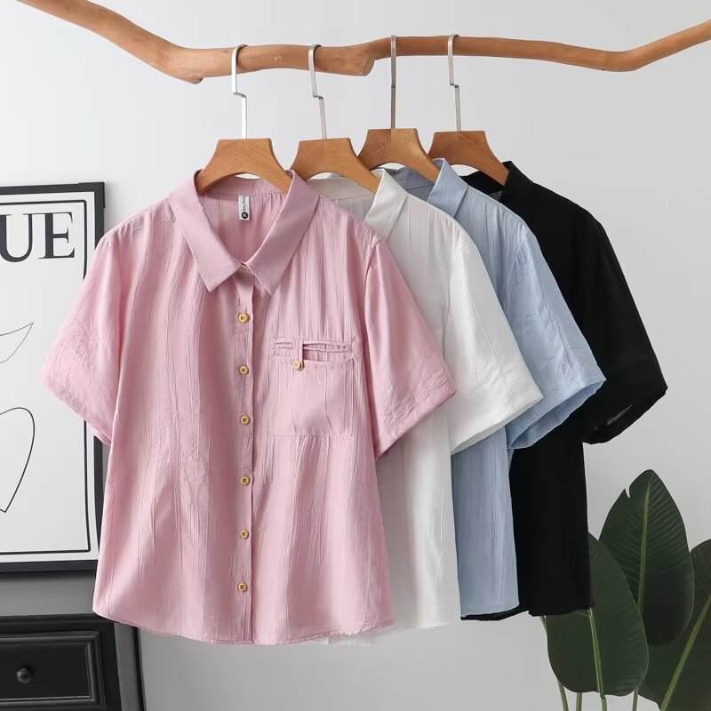 Plus-Size Women's 2025 Summer New Korean Fashion Casual Solid Color Button-Up Shirt Z150 2523