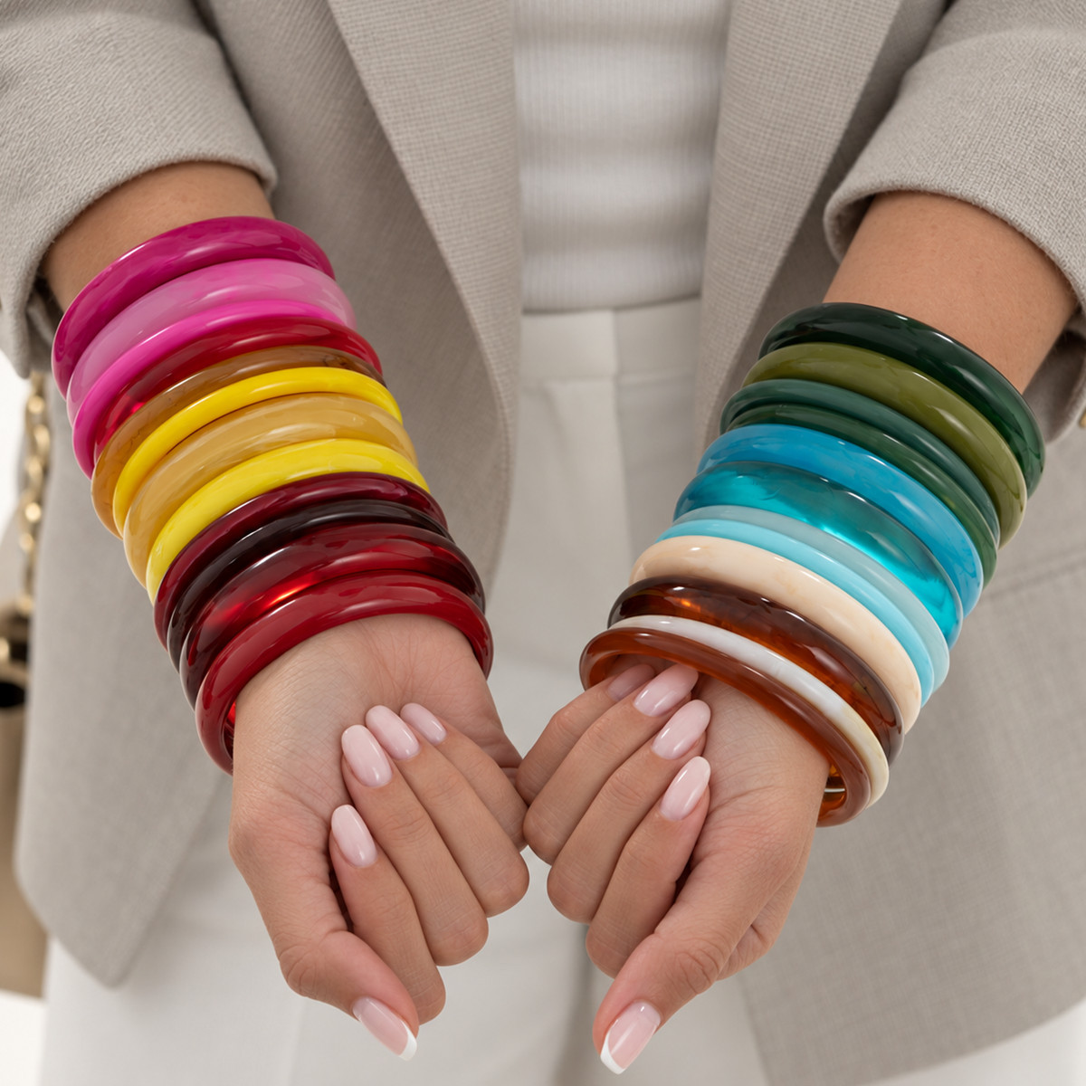 European and American Cross-border Fashion Color Gradient Resin Stacking Bracelets Vintage INS Style Arc-shaped Polished Closed Bangle Bracelets