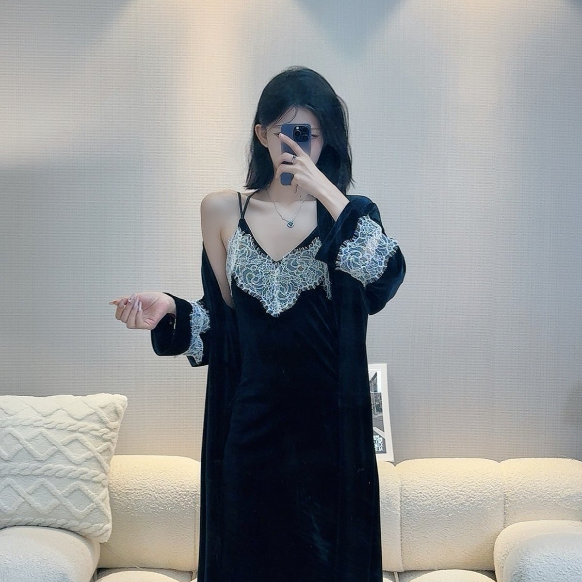 花边金丝绒刺绣长款睡衣性感露背吊带睡裙系带外袍女家居服套装