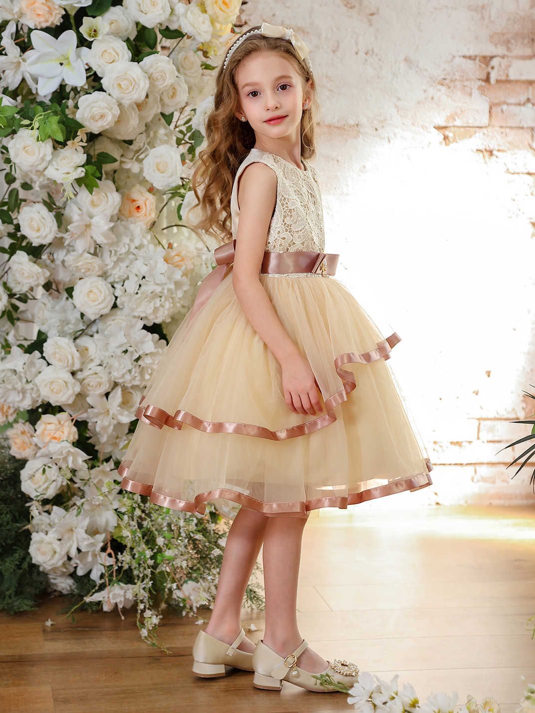 Vestido de princesa para niñas Vestido de cola sin mangas Vestido de novia de niña de las flores Falda de tul Espectáculo de pasarela para niños Espectáculo de piano Vestido de noche
