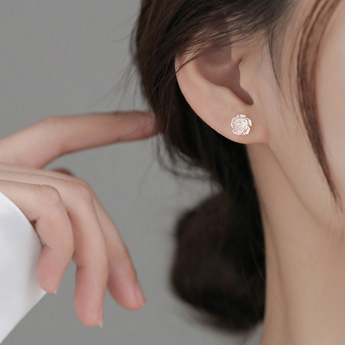 s925 sterling silver colorful rose earrings for women sweet light luxury niche design ins fairy gentle flower earrings