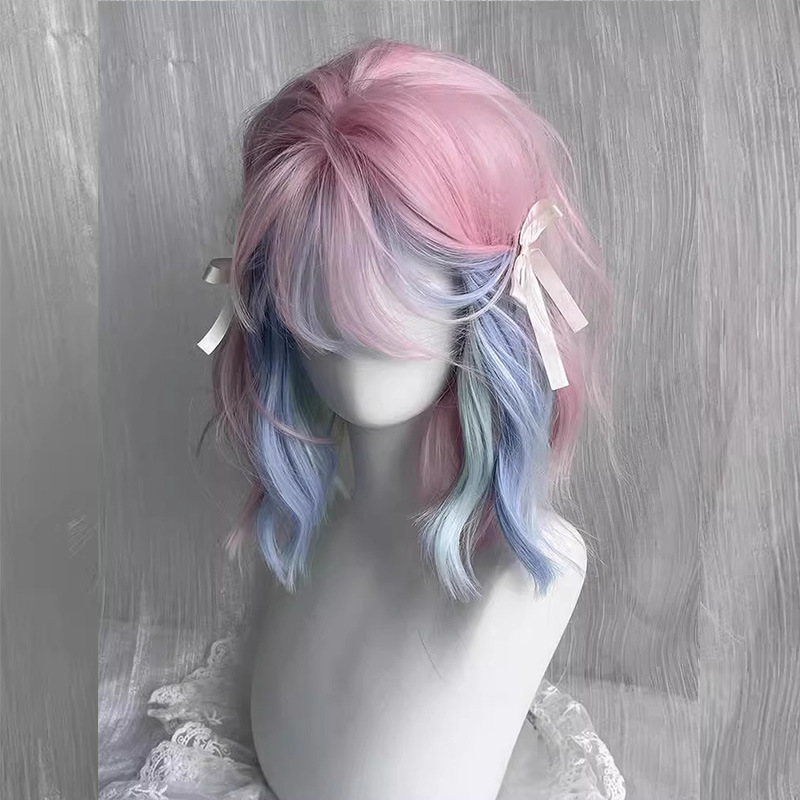 Wig Female Pink Short Hair Rainbow Mixed Color Lolita Dopamine Jk Ear Hanging Dyed Water Ripple Short Curly Hair Full Headgear Wig Female Pink Short Hair Rainbow Mixed Color Lolita Dopamine Jk Ear Hanging Dyed Water Ripple Short Curly Hair Full Headgear