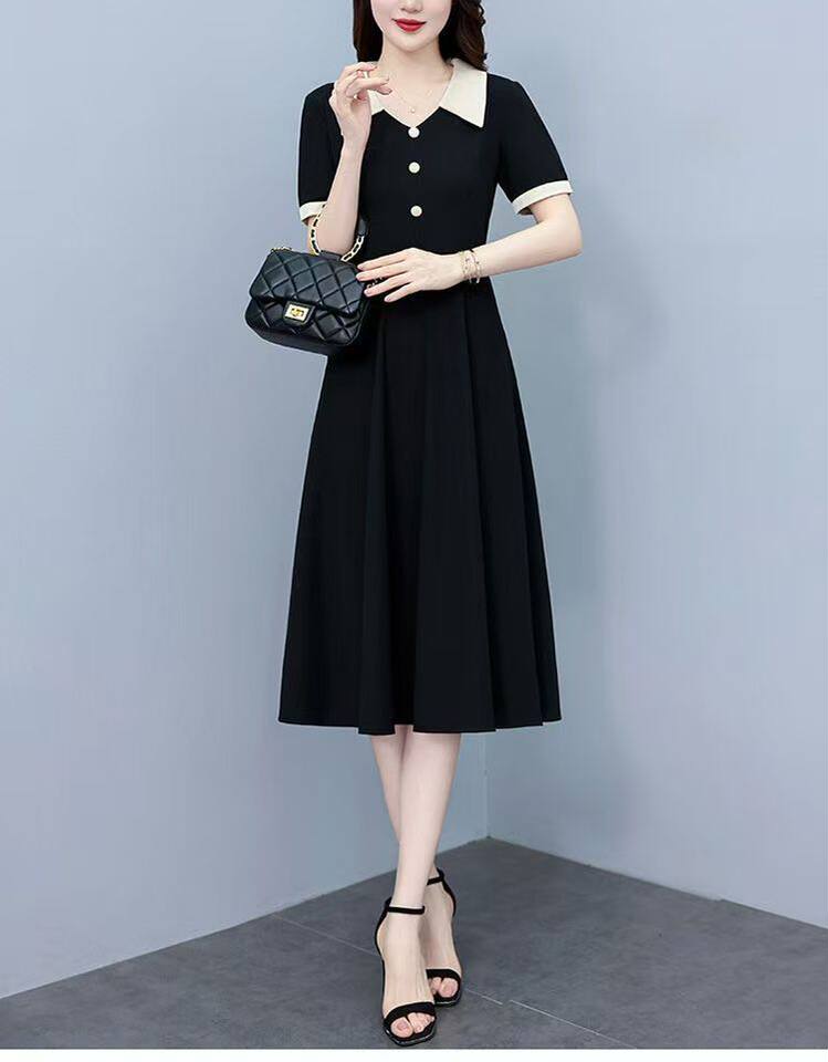 Đầm liền thân ngắn tay cổ polo dáng chữ A eo cao phong cách thanh lịch — [Màu đen] Có túi [Vải cao cấp] chi tiết 10