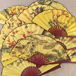 8inch Chinese Style Men's Fan Silk Double-Sided Color Printing Ink Landscape Bamboo Frame Summer Cooling Fan Wholesale