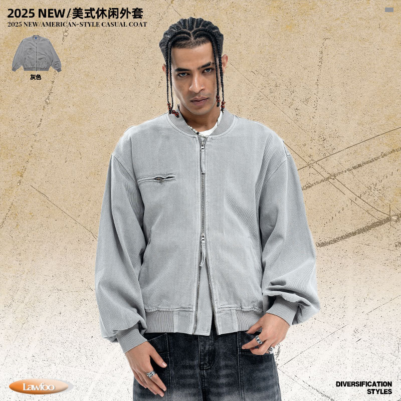 Lawfoo 2025 Short Leather Jacket Men's Spring American Retro Stand-Up Collar Baseball Uniform Style Handsome Jacket
