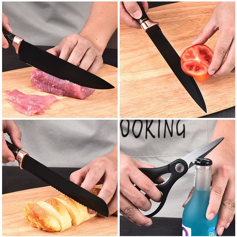Cuchillo de cocina con recubrimiento antiadherente transfronterizo lujoso de oro rosa mármol de siete piezas conjunto de cuchillo de cocinero combinación de regalo