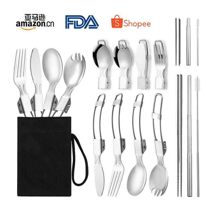 304 Stainless Steel Tableware Foldableing Knife, Fork, Spoon and Chopsticks Outdoor Camping Style Picnic Travel Convenient Storage Tableware Set